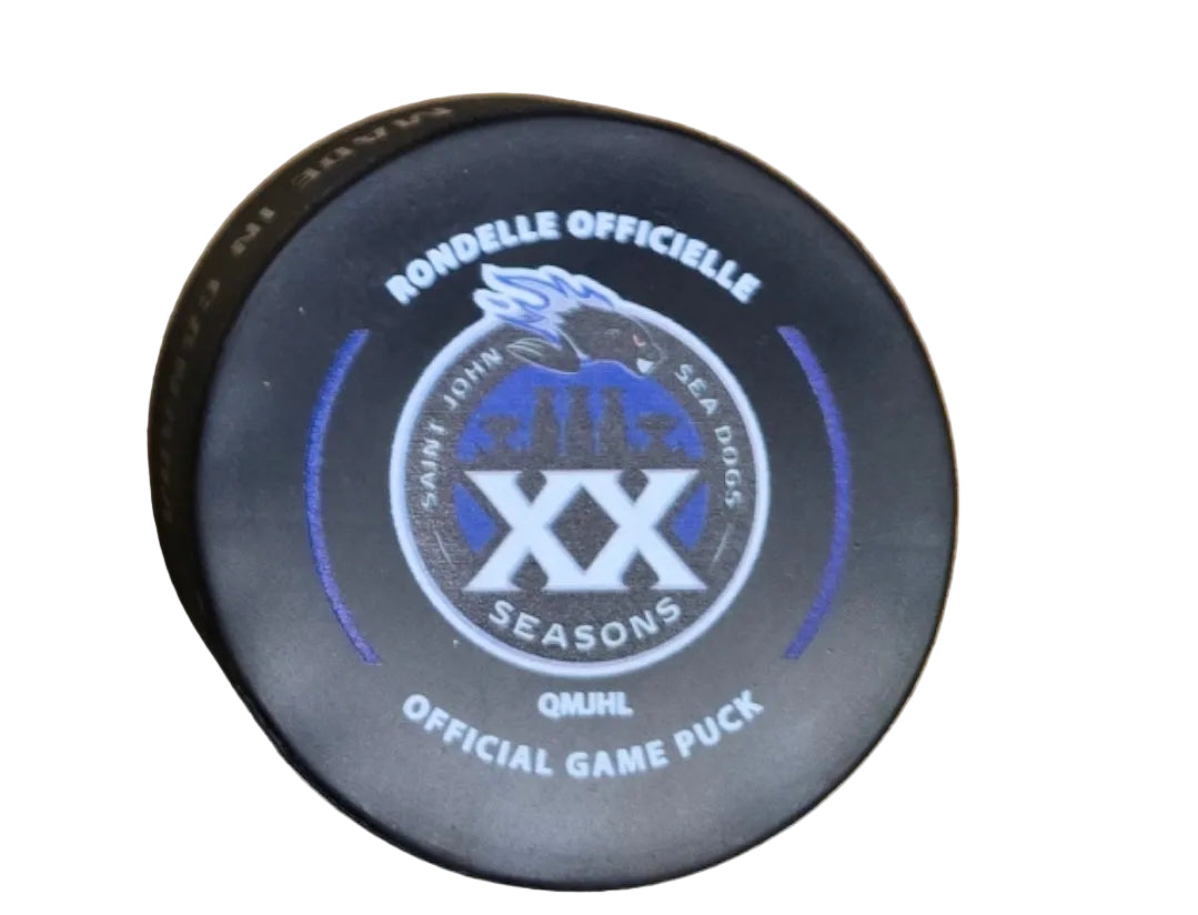 Hockey puck with Saint John Sea Dogs 20TH anniversary branding