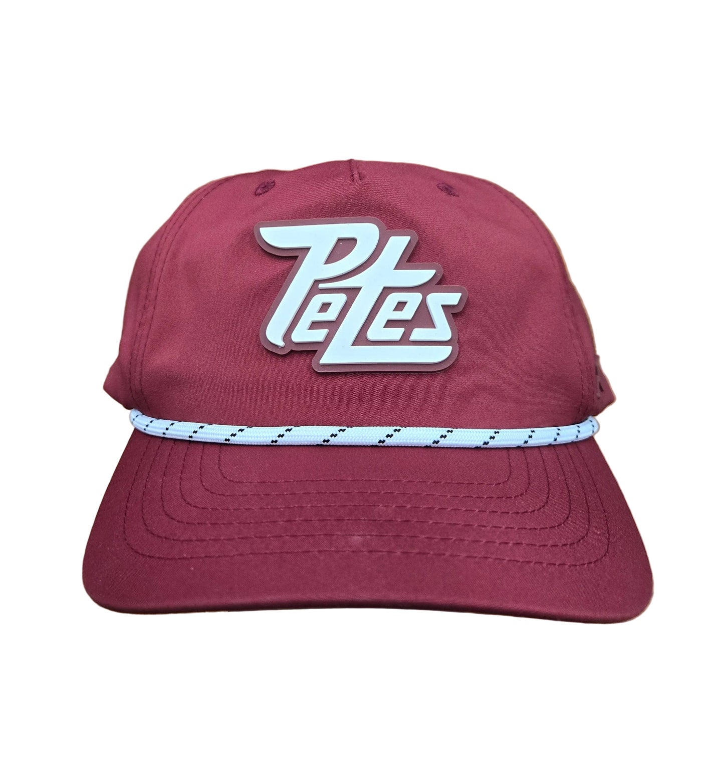 Maroon cap with white PVC logo on a white background