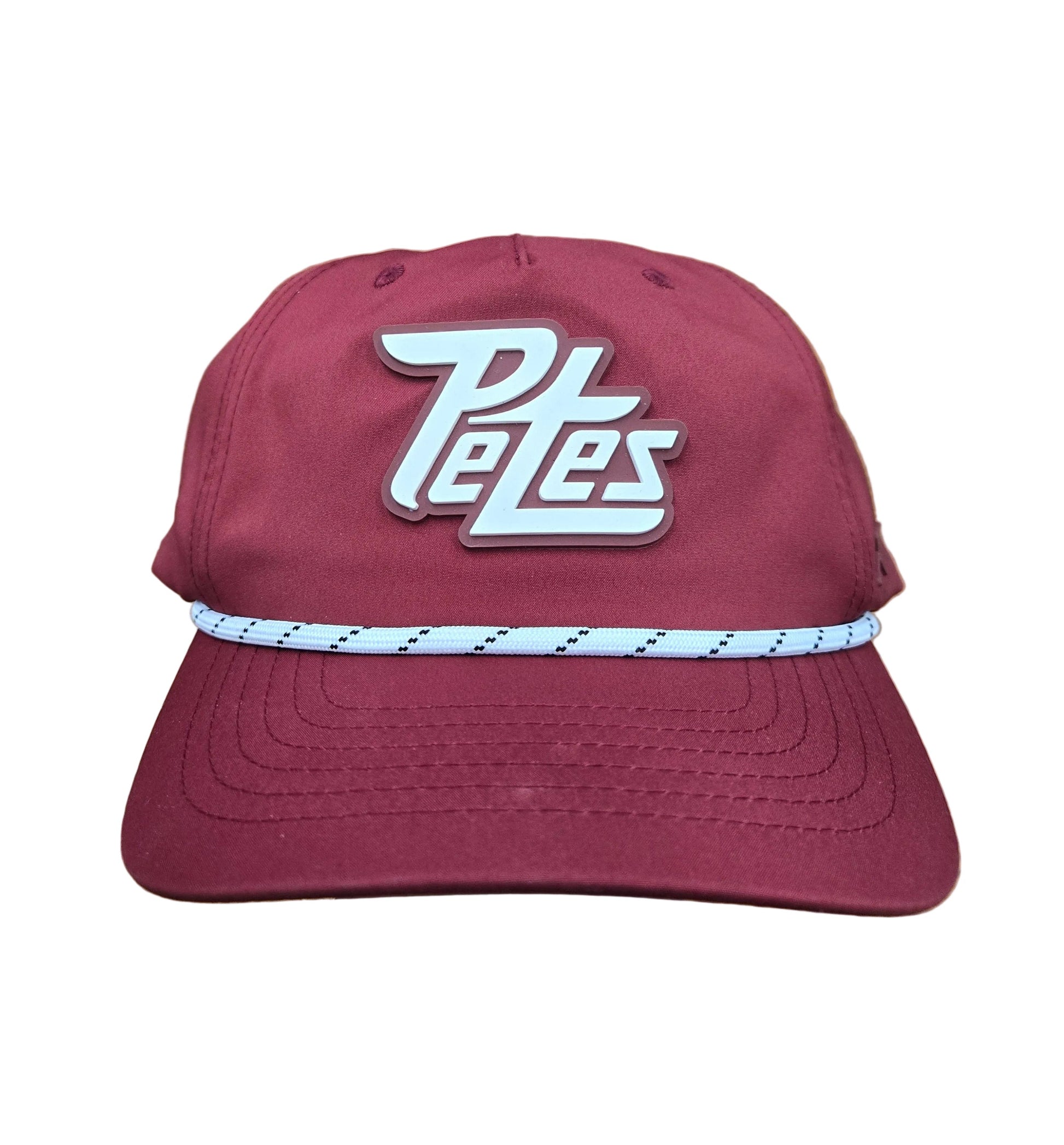 Maroon cap with white PVC logo on a white background