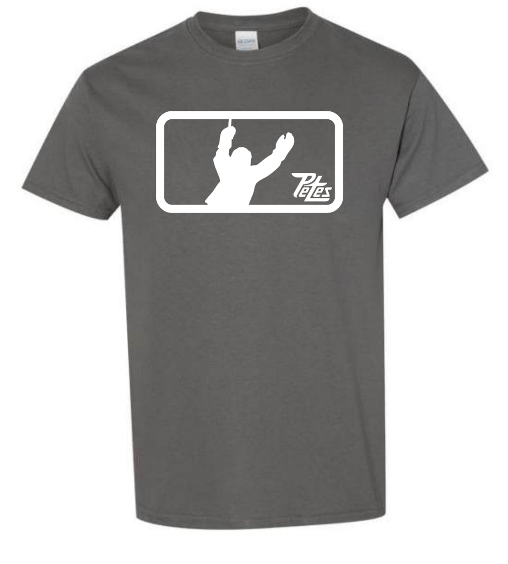 Gray t-shirt with a white graphic and 'Petes' logo on a white background