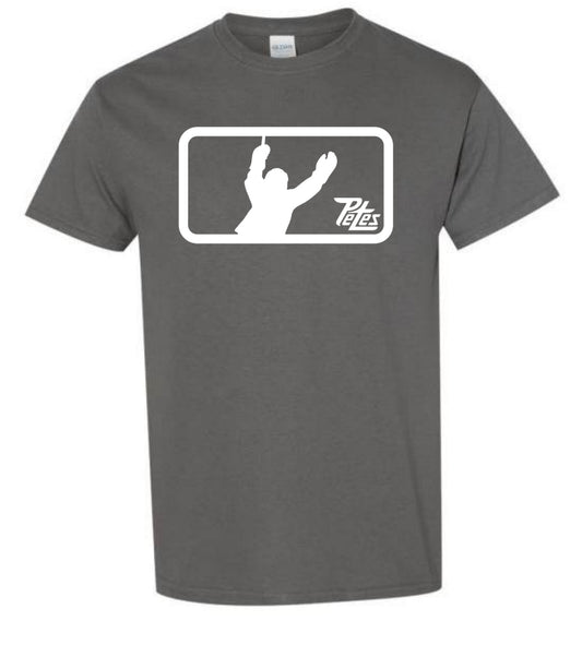 Gray t-shirt with a white graphic and 'Petes' logo on a white background