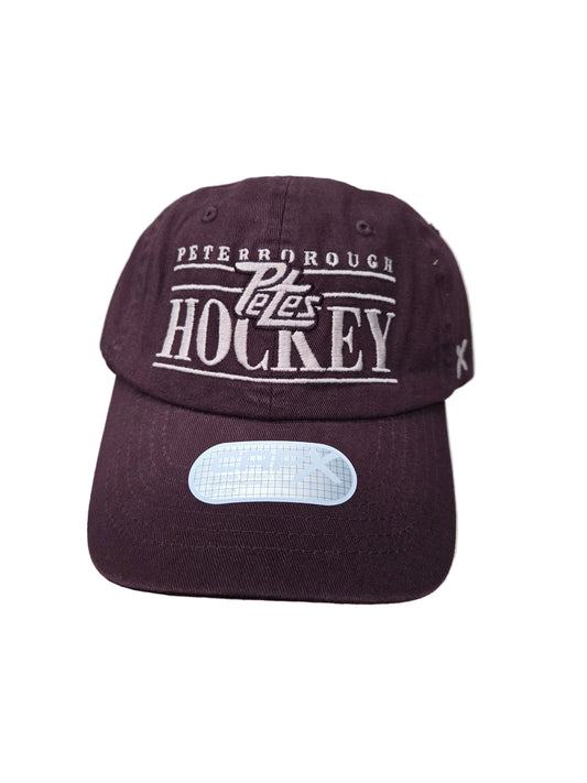 Maroon strapback cap with 'Peterborough Petes Hockey' text 