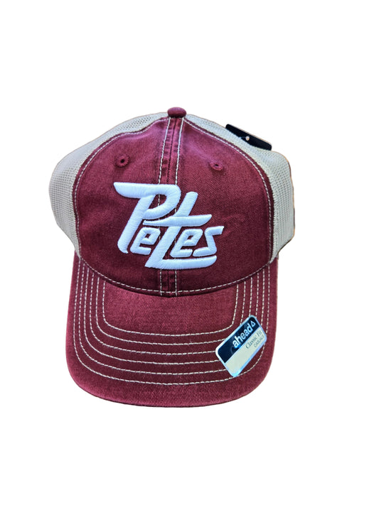 Maroon and beige cap with 'Petes' logo