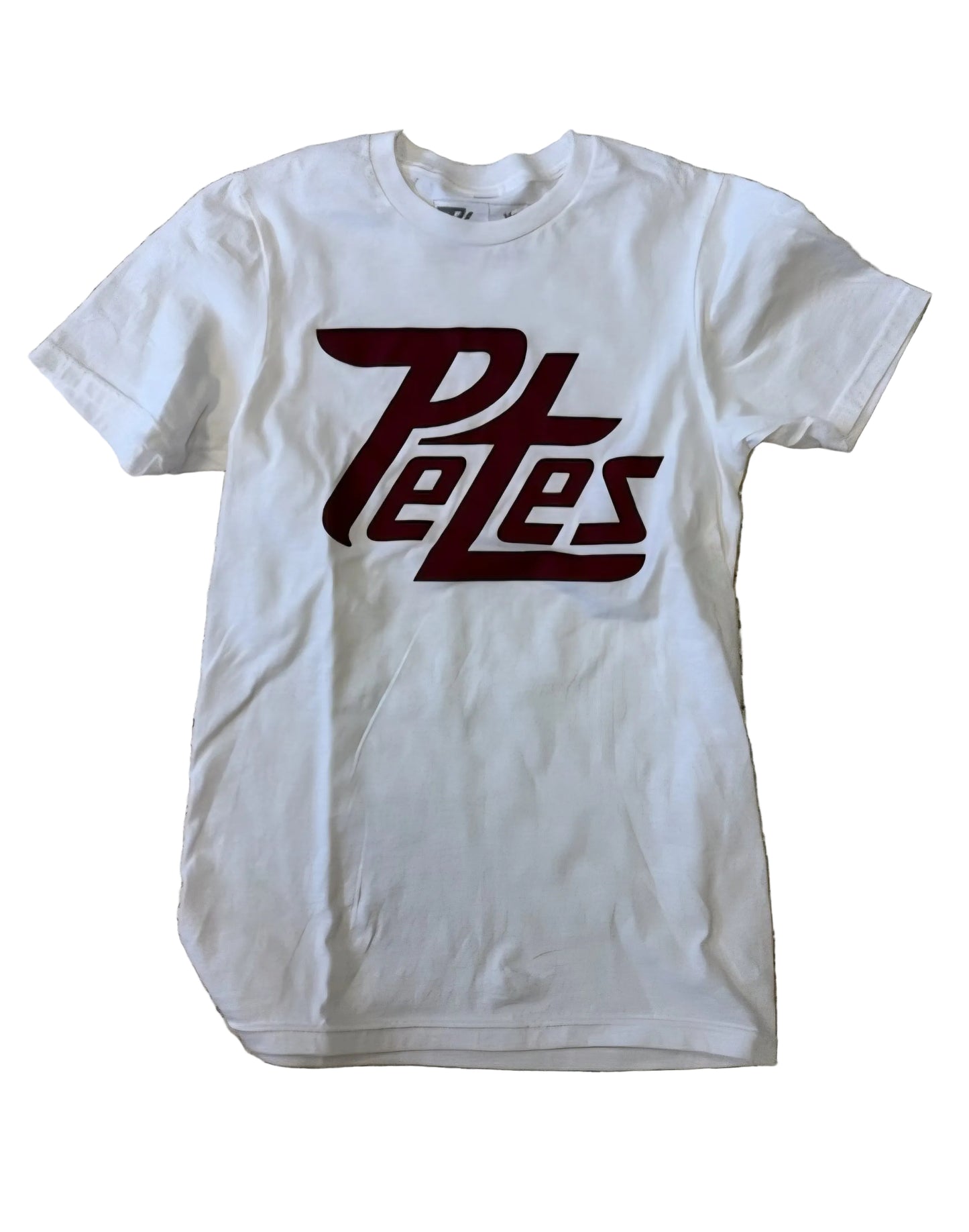 White t-shirt with maroon 'Petes' logo 