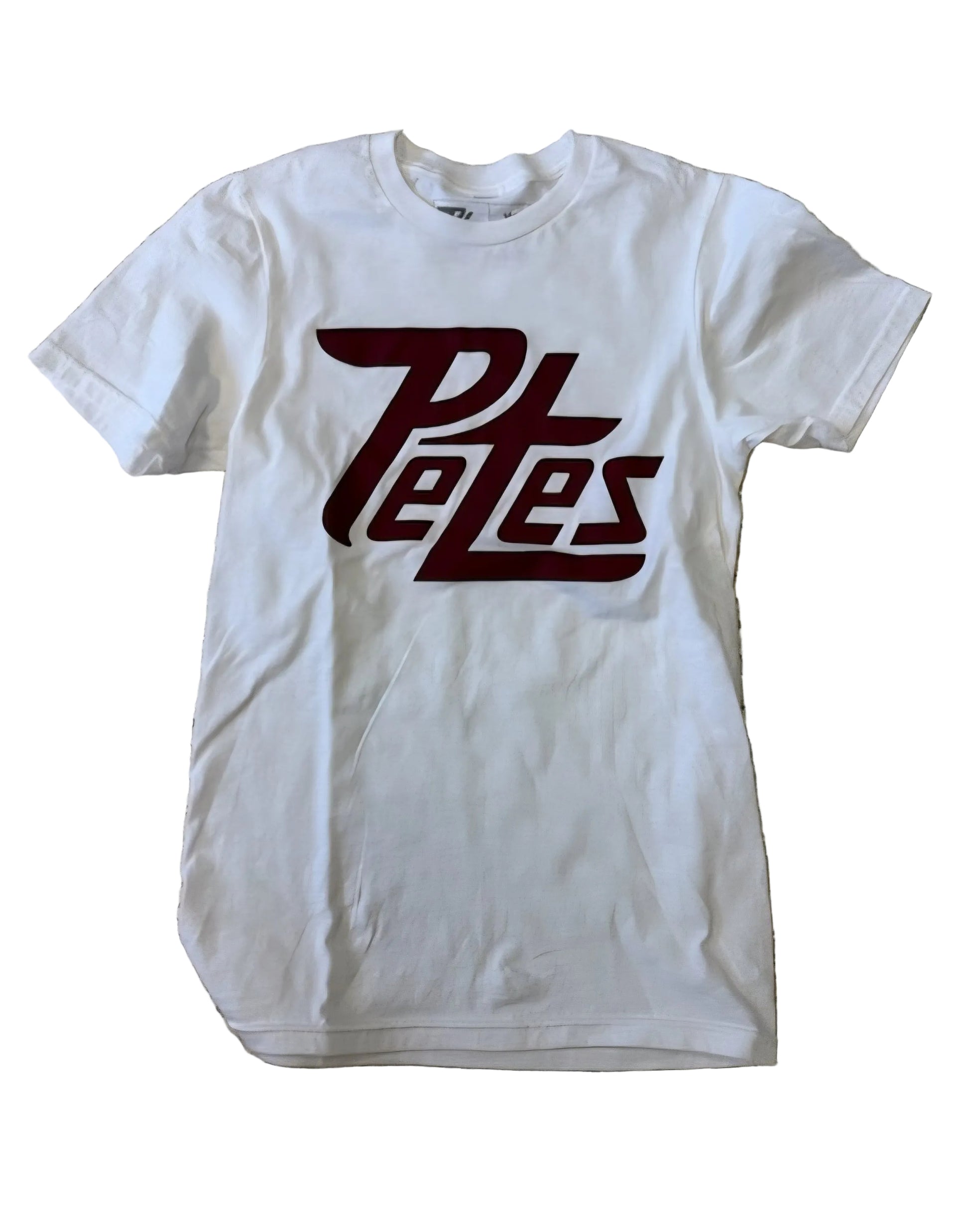 White t-shirt with maroon 'Petes' logo 