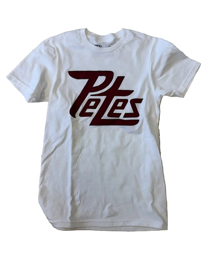 White t-shirt with maroon 'Petes' logo 