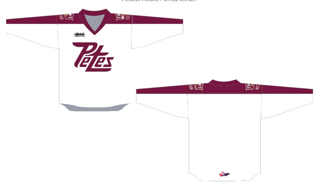 White hockey jersey with Petes logo front, shoulder TPT decals in pre-school and youth sizes