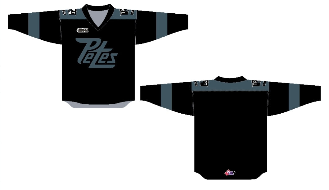 Black hockey jersey with Petes logo front, shoulder TPT decals in pre-school and youth sizes