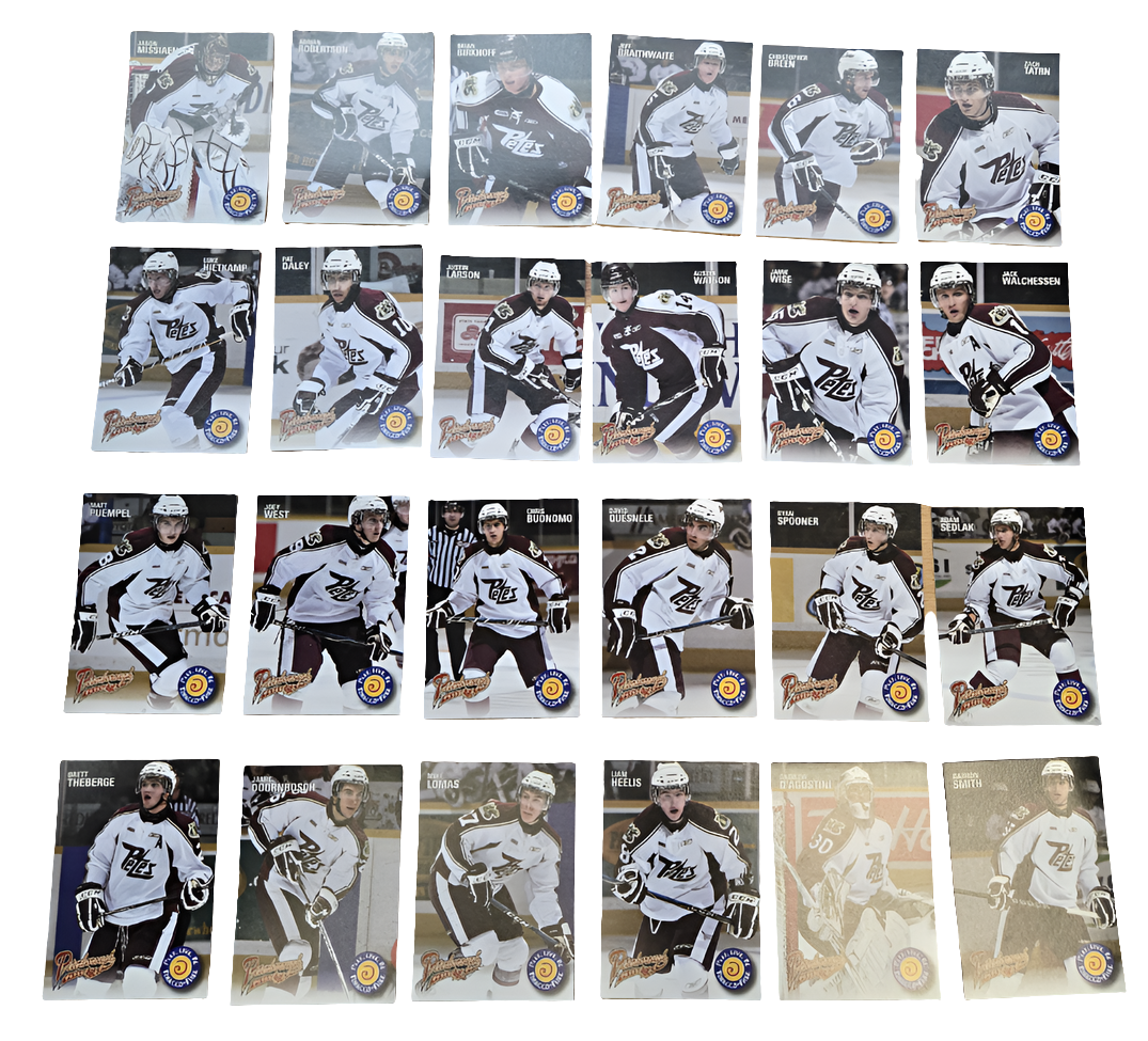 2009-10 Petes team set players in this set include : Jason Missiaen, Adrian Robertson, Brian Birkhoff, Jeff Braithwaite, Christopher Breen, Zach Tatrn, Luke Hietkamp, Pat Daley, Justin Larson, Austin Watson, Jamie Wise, Jack Walchessen, Matt Puempel, Joey West, Chris Buonomo, David Quesnele, Ryan Spooner, Adam Sedlak, Brett Theberge, Jamie Doornbosch, Mike Lomas, Liam Heelis, Andrew D'Agostini, Barron Smith.