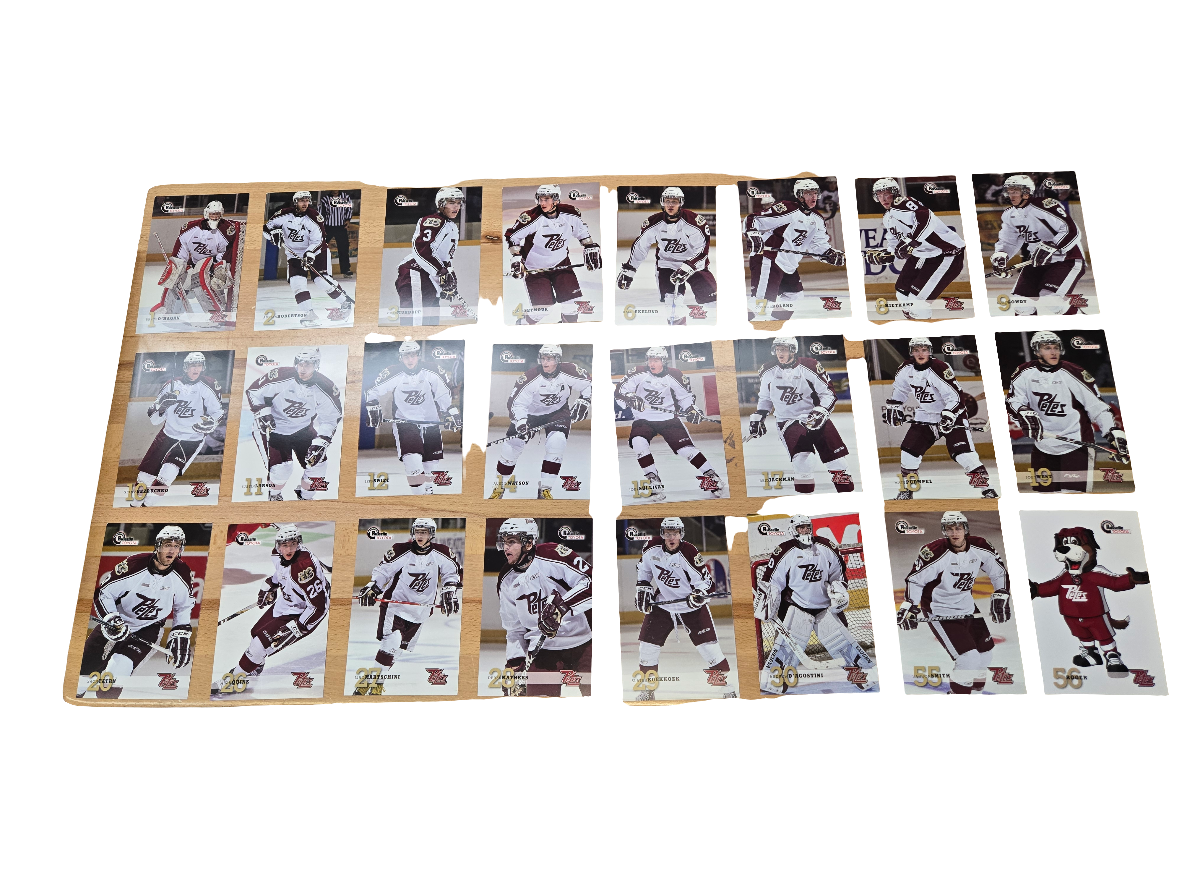 2010/11 Petes postcard team set cards measure 4.5 inches by 7 inches.

Players in this set include : Bryce O'Hagan, Adrian Robertson, Cole Murduff, Clark Seymour, Kalle Ekelund, Connor Boland, Luke Hietkamp, Kurt Gowdy, Jeff Bezruchko, Justin Larson, Jeff Swift, Austin Watson, Joey Sullivan, Reid Jackman, Matt Puempel, Joey West, Zack Tatrn, Alan Quine, Lino Martschini, Derek Mathers, Slater Koekkoek, Andrew D'Agostini, Barron Smith, Roger the mascot.