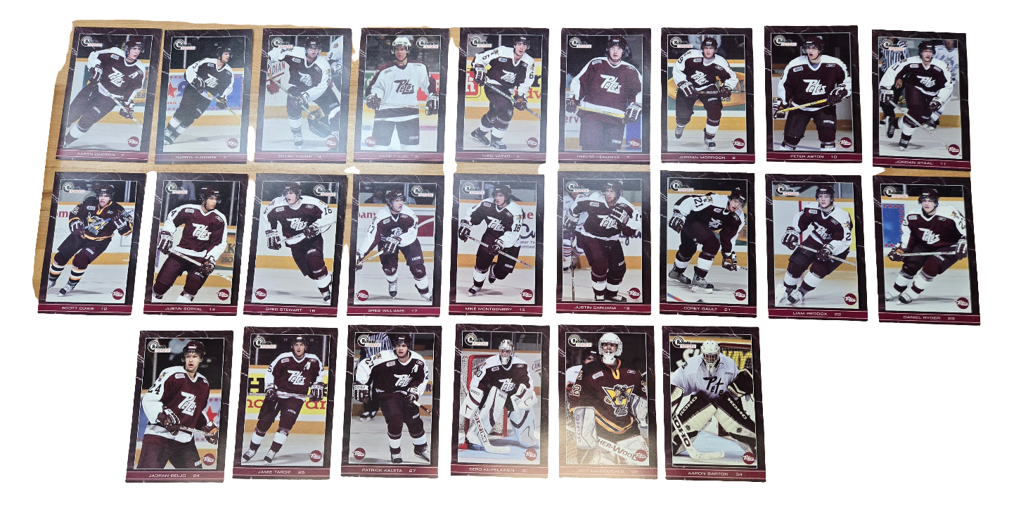 2004/05 Petes postcard Cards measure 4.5 inches by 7 inches.

Players in this set include : Aaron Dawson, Darryl Flowers, Bryan Young, Mark Flood, Niko Vainuo, Trevor Hendrikx, Jordan Morrison, Peter Aston, Jordan Staal, Scott Cowie, Justin Soryal, Greg Stewart, Greg Williams, Mike Montgomery, Justin Caruana, Corey Gault, Liam Reddox, Daniel Ryder, Jadran Beljo, Jamie Tardif, Patrick Kaleta, Eero Kilpelainen, Jeff MacDougald, Aaron Barton.