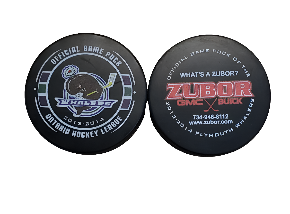 Commemorative Plymouth Whalers 2013-14 Official game puck with sponsor