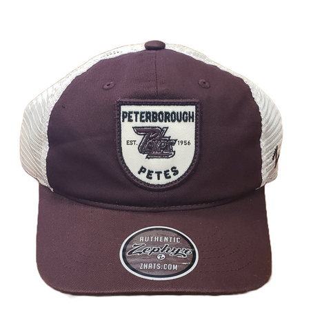 Peterborough Petes unstructured maroon front off white meshback university snapback