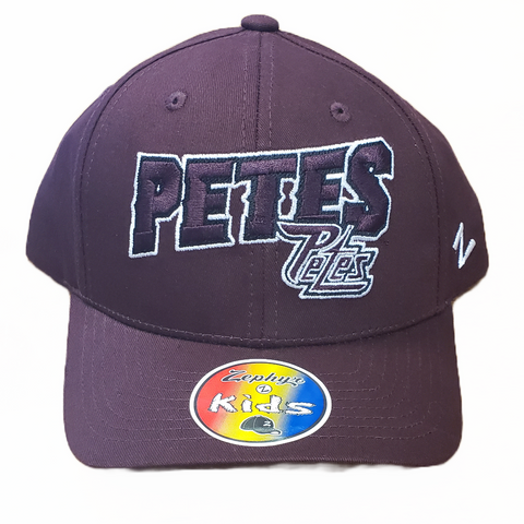 Peterborough Petes youth maroon front with word Petes and Petes logo in lower bottom right corner hat from Zephyr