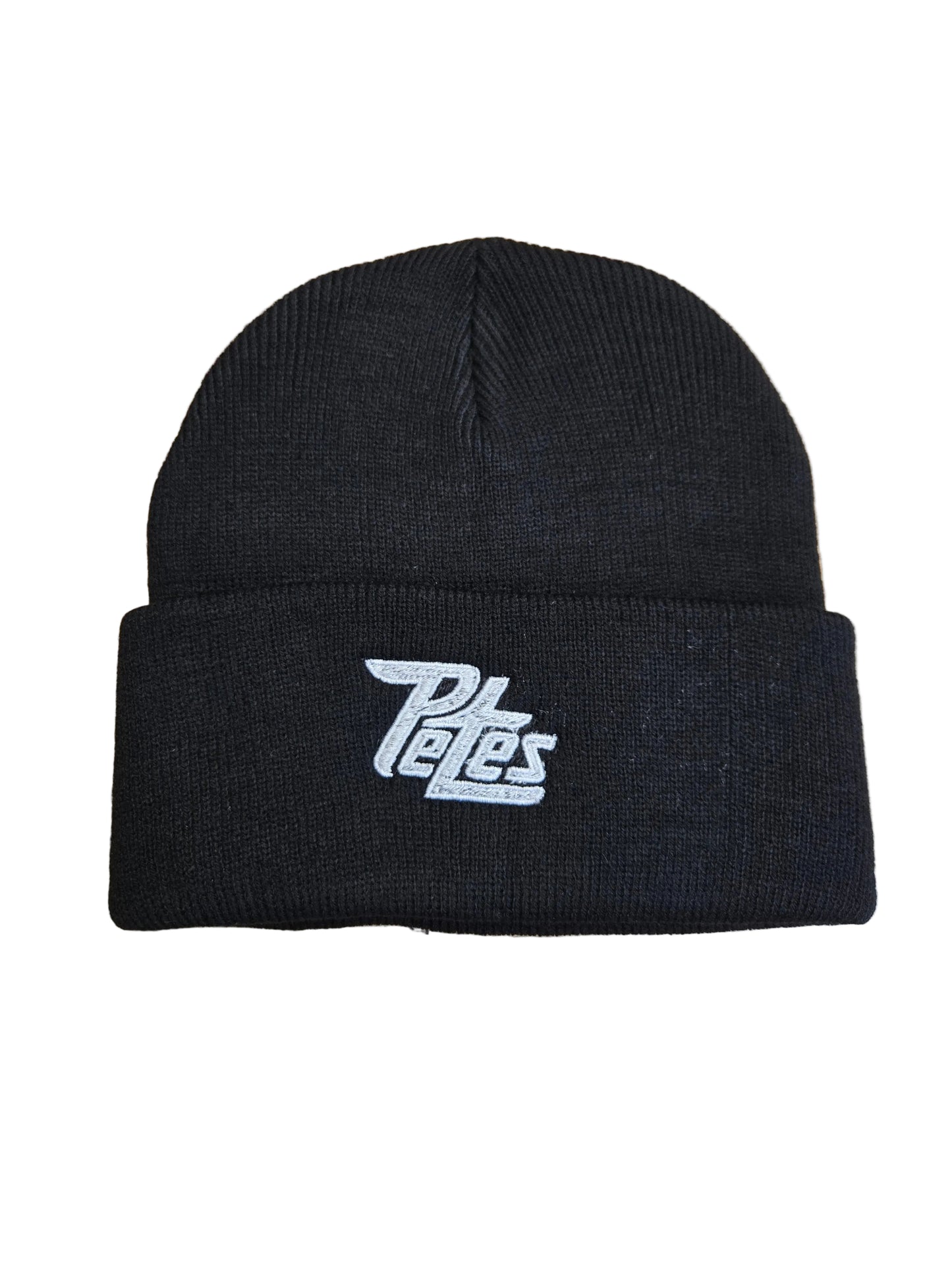 Black knit beanie with white logo