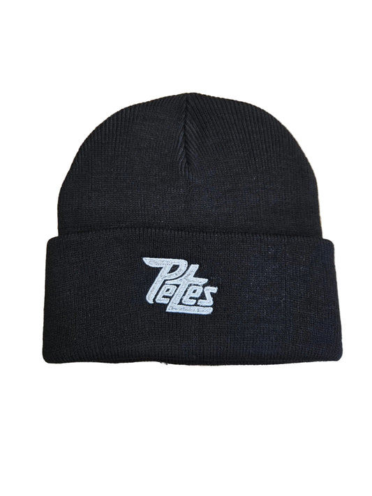 Black knit beanie with white logo