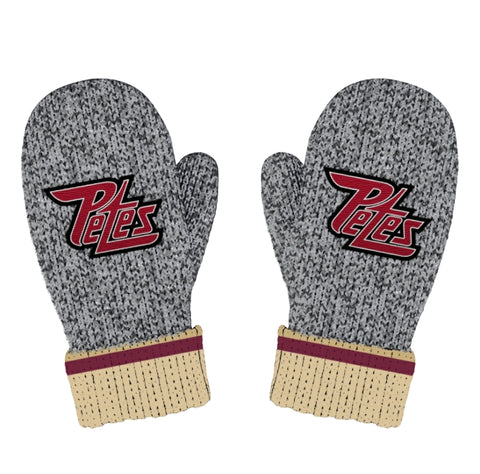 Peterborough Petes warm mittens with embroidered Petes logo on top side - available in heather grey and black